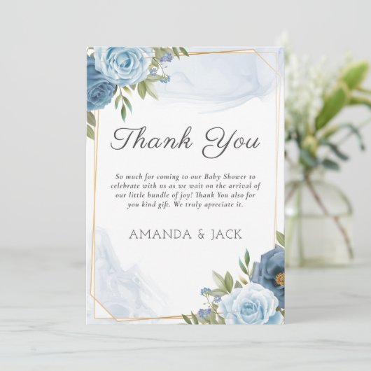 小さな甘い青エレガントい植物性の赤ちゃんシャワー サンキューカード (スタンド正面)