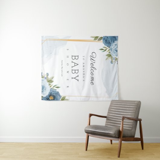 小さな甘い青エレガントい植物性の赤ちゃんシャワー タペストリー (インサイチュ(横))