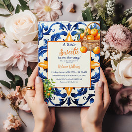 小さな甘い青タイルオレンジ柑橘系ベビーシャワー 招待状