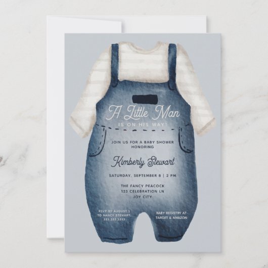 小さな男かわいい赤ちゃんブルーウォーターカラーベビーシャワー 招待状 (正面)