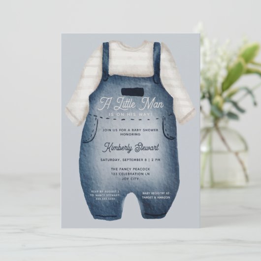 小さな男かわいい赤ちゃんブルーウォーターカラーベビーシャワー 招待状 (スタンド正面)