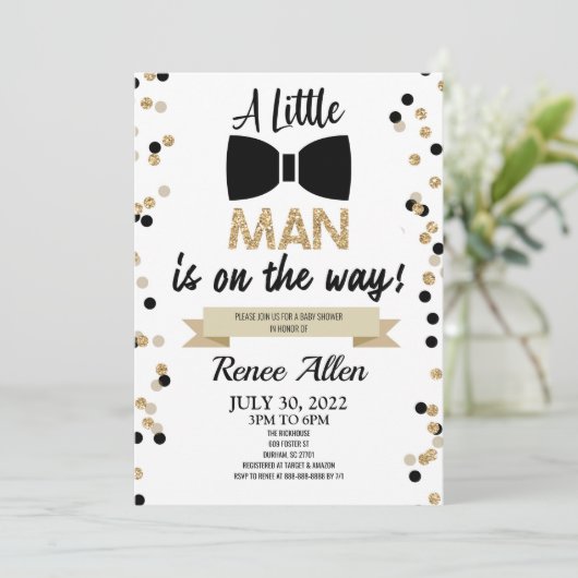 小さな男が行く途中だ!ボウタイ赤ちゃんシャワー 招待状 (スタンド正面)