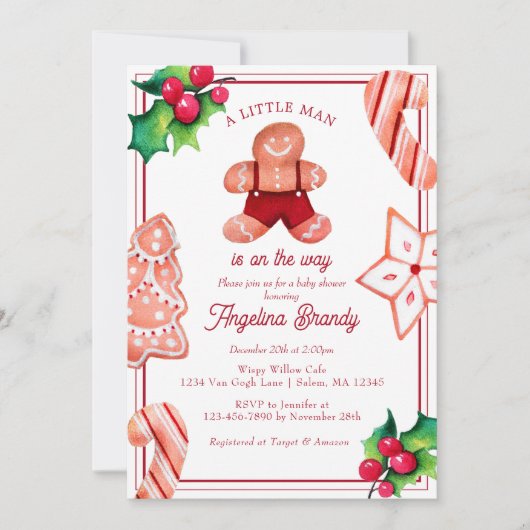 小さな男のギンガーブレッドのクリスマスの赤ちゃんシャワー 招待状 (正面)