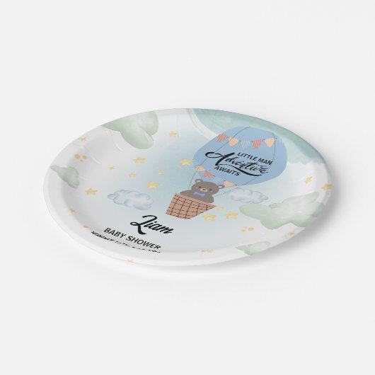 小さな男の冒険は熊の赤ちゃんシャワーを待っている ペーパープレート (アングル)