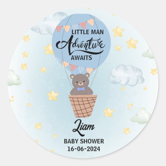 小さな男の冒険は熊の赤ちゃんシャワーを待っている ラウンドシール (正面)
