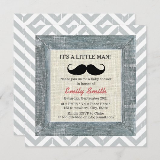 小さな男の口ひげシェブロンのストライプ赤ちゃんシャワー 招待状 (正面/裏面)