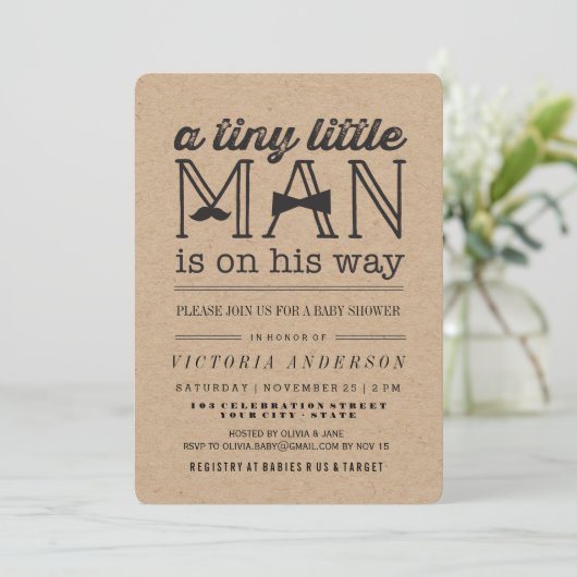 小さな男の口ひげ弓タイクラフト少年の赤ちゃんシャワー 招待状 (スタンド正面)