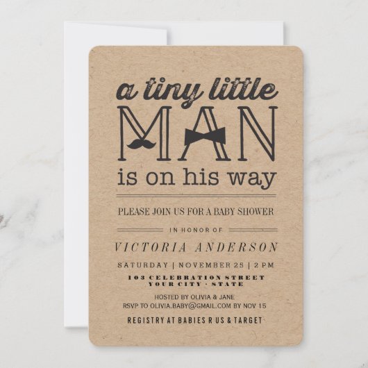 小さな男の口ひげ弓タイクラフト少年の赤ちゃんシャワー 招待状 (正面)
