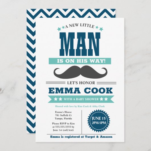 小さな男の口ひげBash男の子の赤ちゃんシャワー 招待状 (正面/裏面)