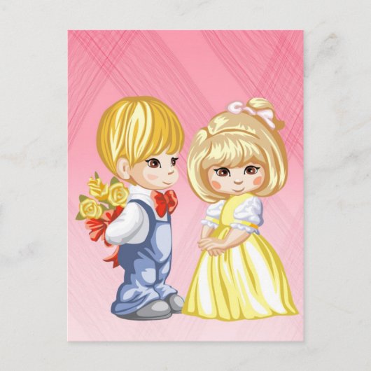 小さな男の子がバラと小さな女の子を驚かせた ポストカード (正面)