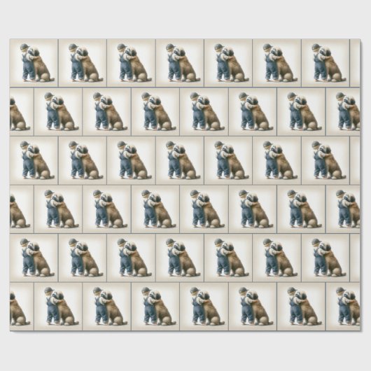 小さな男の子が大きな犬を抱きしめている ラッピングペーパー (フラット)