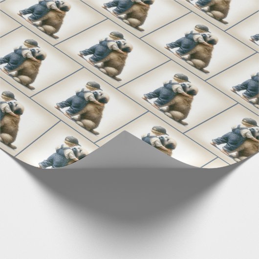 小さな男の子が大きな犬を抱きしめている ラッピングペーパー (角)