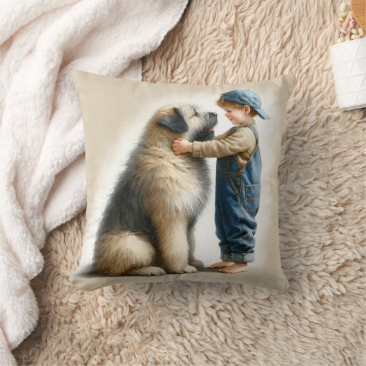 小さな男の子と大きな犬の水色 クッション (ブランケット)