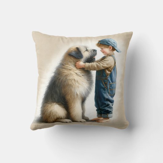 小さな男の子と大きな犬の水色 クッション (裏面)