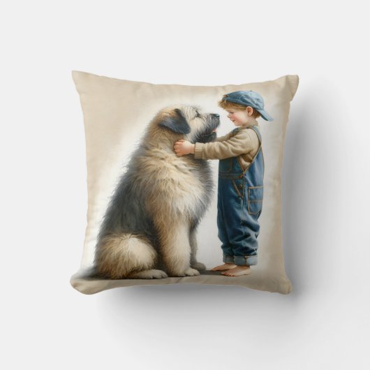 小さな男の子と大きな犬の水色 クッション (正面)