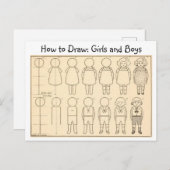 小さな男の子と女の子のヴィンテージはがきを描く ポストカード (正面/裏面)