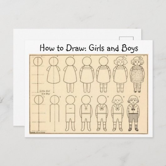 小さな男の子と女の子のヴィンテージはがきを描く ポストカード (正面/裏面)