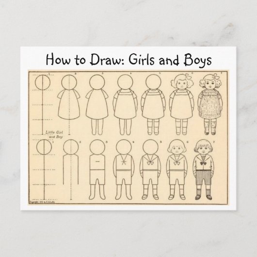 小さな男の子と女の子のヴィンテージはがきを描く ポストカード (正面)