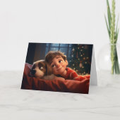 小さな男の子と子犬のクリスマスカード シーズンカード (正面)