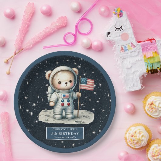 小さな男の子のための宇宙飛行士ベア誕生日プレート ペーパープレート (パーティー)