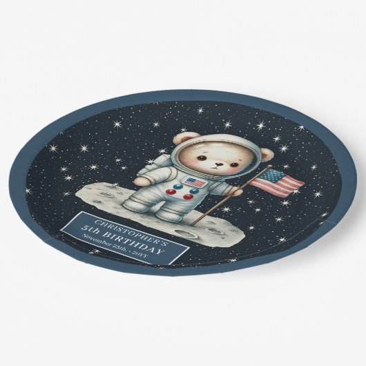 小さな男の子のための宇宙飛行士ベア誕生日プレート ペーパープレート (アングル)