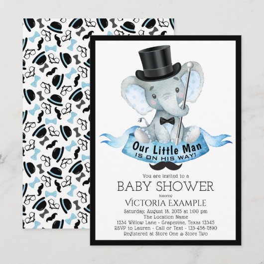 小さな男の子のベイビーシャワー招待状 おしゃれな象 招待状 (正面/裏面)