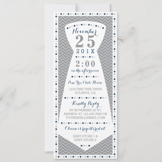 小さな男の子のベビーシャワー招待状 タイ ネイビー グレー 招待状 (裏面)