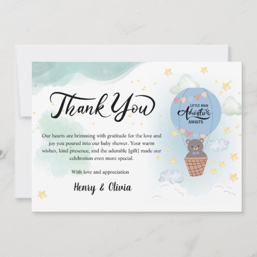 小さな男の子の冒険が待っています ベビーシャワーのご招待 サンキューカード (正面)