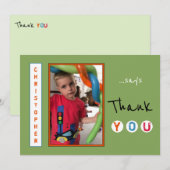 小さな男の子の写真グリーンカードからありがとう サンキューカード (正面/裏面)