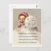 小さな男の子の後ろに隠れて雪だるま、ヴィンテージ休日 ポストカード (正面/裏面)