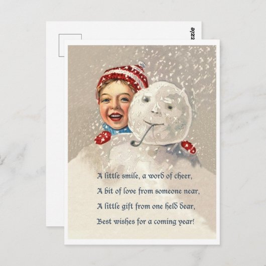 小さな男の子の後ろに隠れて雪だるま、ヴィンテージ休日 ポストカード (正面/裏面)