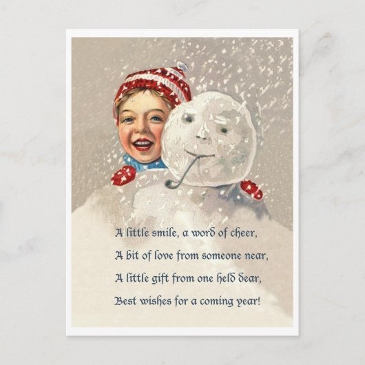 小さな男の子の後ろに隠れて雪だるま、ヴィンテージ休日 ポストカード (正面)