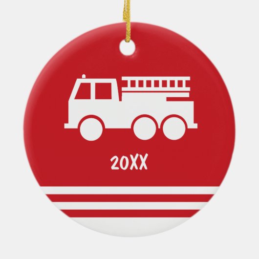 小さな男の子の消防車の赤と白クリスマス セラミックオーナメント (裏面)