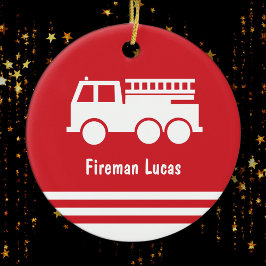 小さな男の子の消防車の赤と白クリスマス セラミックオーナメント