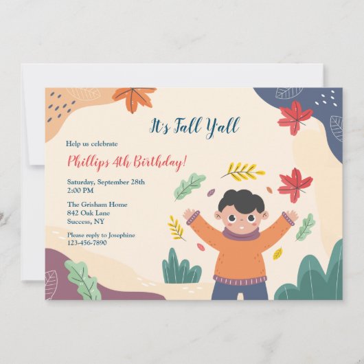 小さな男の子の秋の誕生日 招待状 (正面)