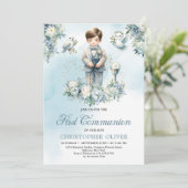 小さな男の子の聖なる聖書の装フォーマル装ブルーフローラ 招待状 (スタンド正面)