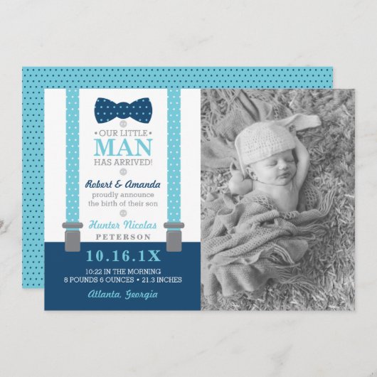 小さな男の子の誕生のお知らせ（ブルー、グレー） 案内状 (正面/裏面)