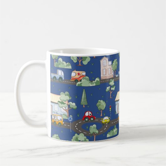 小さな男の子の青が可愛い街並み コーヒーマグカップ (左)