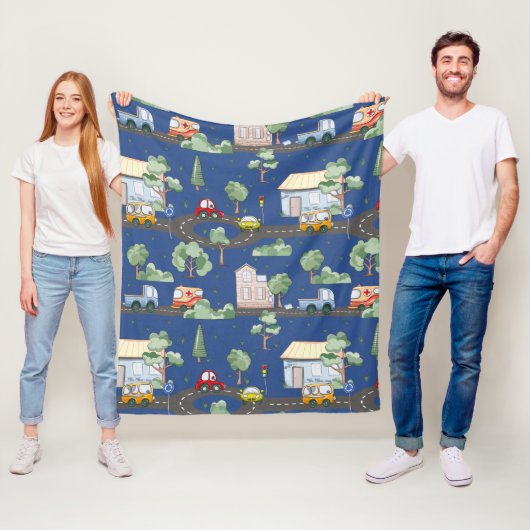 小さな男の子の青が可愛い街並み フリースブランケット (インサイチュ)