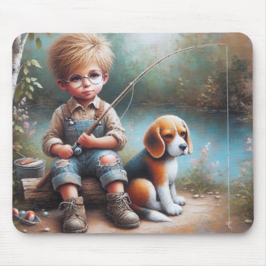 小さな男の子の魚釣りと彼のビーグル マウスパッド (正面)