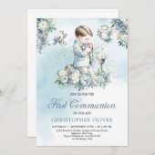 小さな男の子は祈青いフォーマルフローラ 招待状 (正面/裏面)