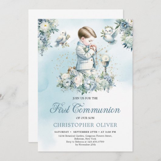 小さな男の子は祈青いフォーマルフローラ 招待状 (正面/裏面)
