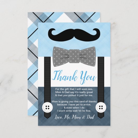 小さな男の子ひげ青い海軍の青い男の子シャワー サンキューカード (正面/裏面)