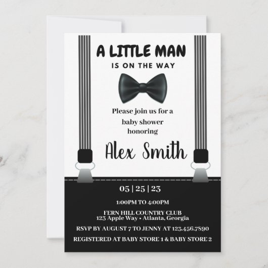 小さな男の子ブラックグレーボウタイベビーシャワー 招待状 (正面)