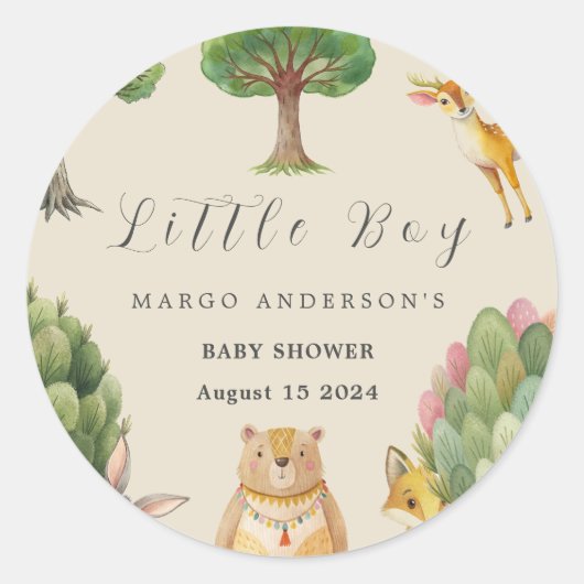 小さな男の子ボホウッドランド動物の赤ちゃんシャワー ラウンドシール (正面)