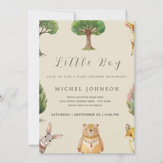 小さな男の子ボホウッドランド動物の赤ちゃんシャワー 招待状 (正面)
