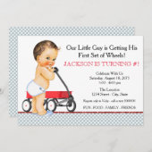 小さな男の子レッドワゴン誕生日パーティー 招待状 (正面/裏面)