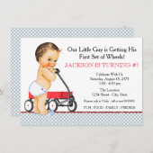 小さな男の子レッドワゴン誕生日パーティー 招待状 (正面/裏面)