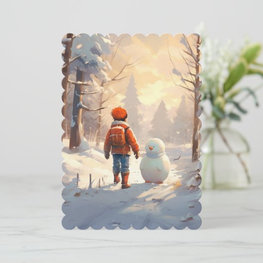 小さな男の子遊は冬の森の中で雪だるまを持っている。 シーズンカード (スタンド正面)