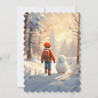 小さな男の子遊は冬の森の中で雪だるまを持っている。 シーズンカード